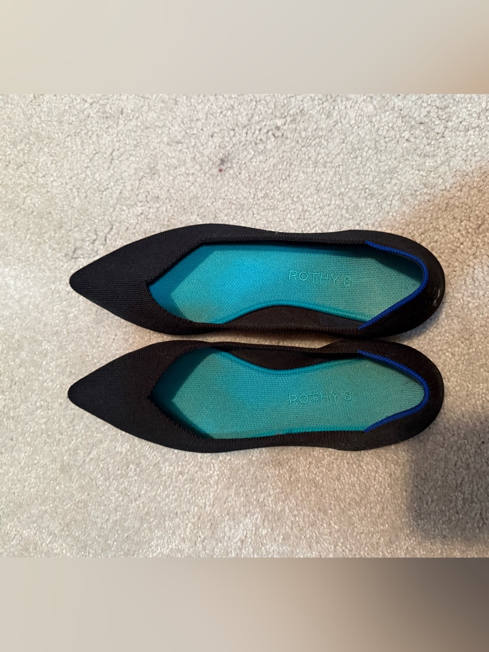 Rothy's Black Knit Pointed Flats with Teal Insole
